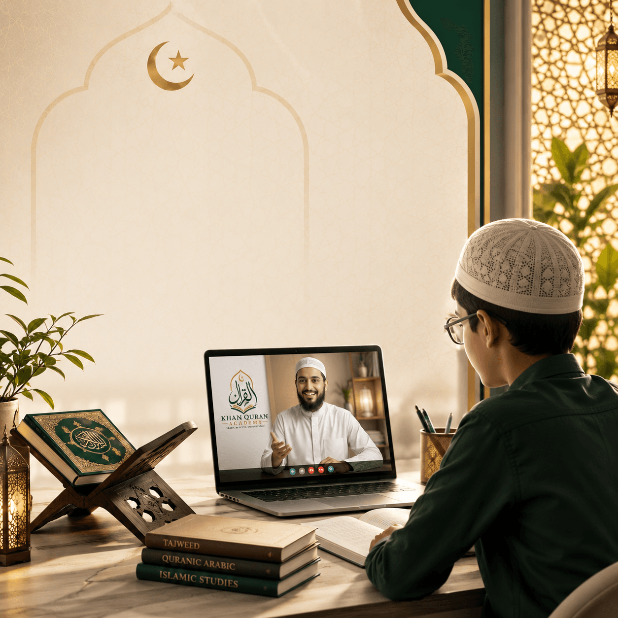 Student attending one-to-one online Quran classes with a certified Quran teacher on a laptop.